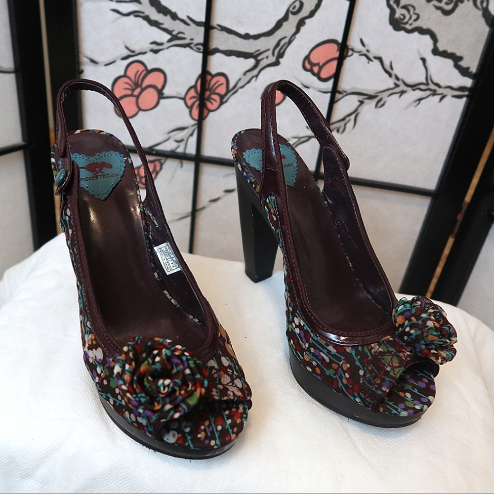 Rocket Dog Multicolor Purple Floral Peep-Toe Chunky Heels Size 7